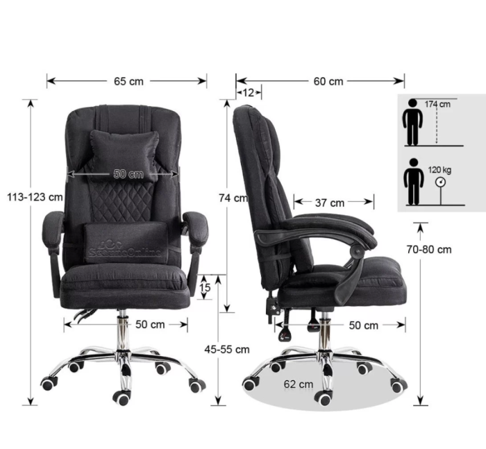 Scaun de birou RELAXA, perna lombara cu masaj, stofa, Negru [6]