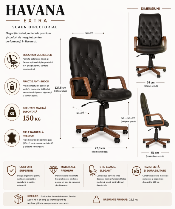 Scaun directorial HAVANA EXTRA, brate din lemn, piele naturala, Crem [6]