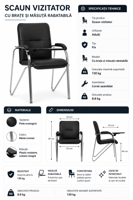 Scaun vizitator MULLER Soft cu masuta rabatabila, Aramiu, piele ecologica [2]