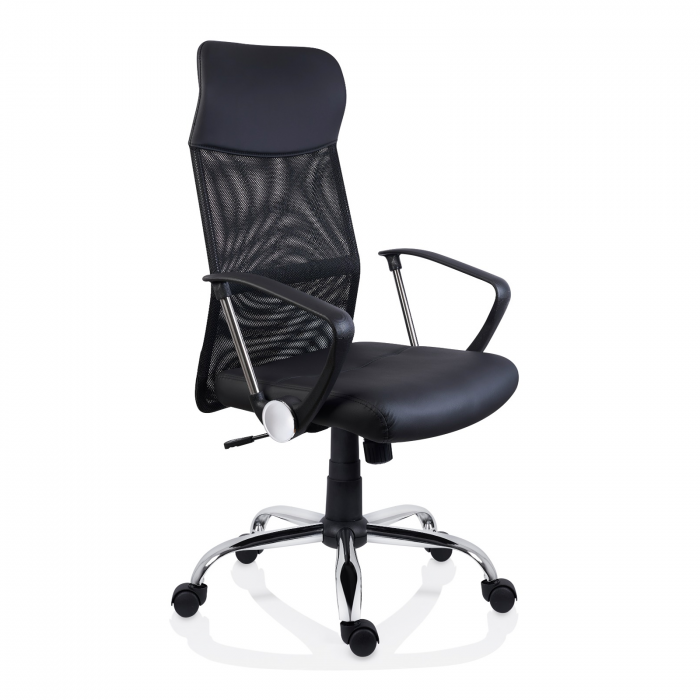 Scaune de birou - Scaun ergonomic PENIDA, cu brate, suport lombar fix, piele ecologica, Negru