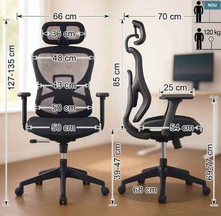 Scaun de birou ergonomic din Mesh cu brațe reglabile 3D DIABLO, Negru [4]