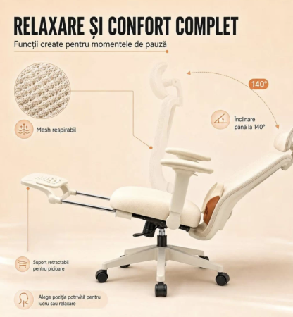 Scaun ergonomic din mesh cu suport lombar reglabil și spătar rabatabil TAG, Crem [5]