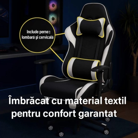 Scaun gaming PHANTOM, cotiere reglabile, suport lombar, Piele ecologica, Alb [6]