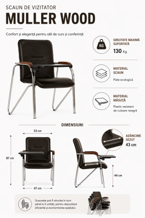 Scaun vizitator MULLER Wood cu masuta rabatabila, Wenge piele ecologica [1]