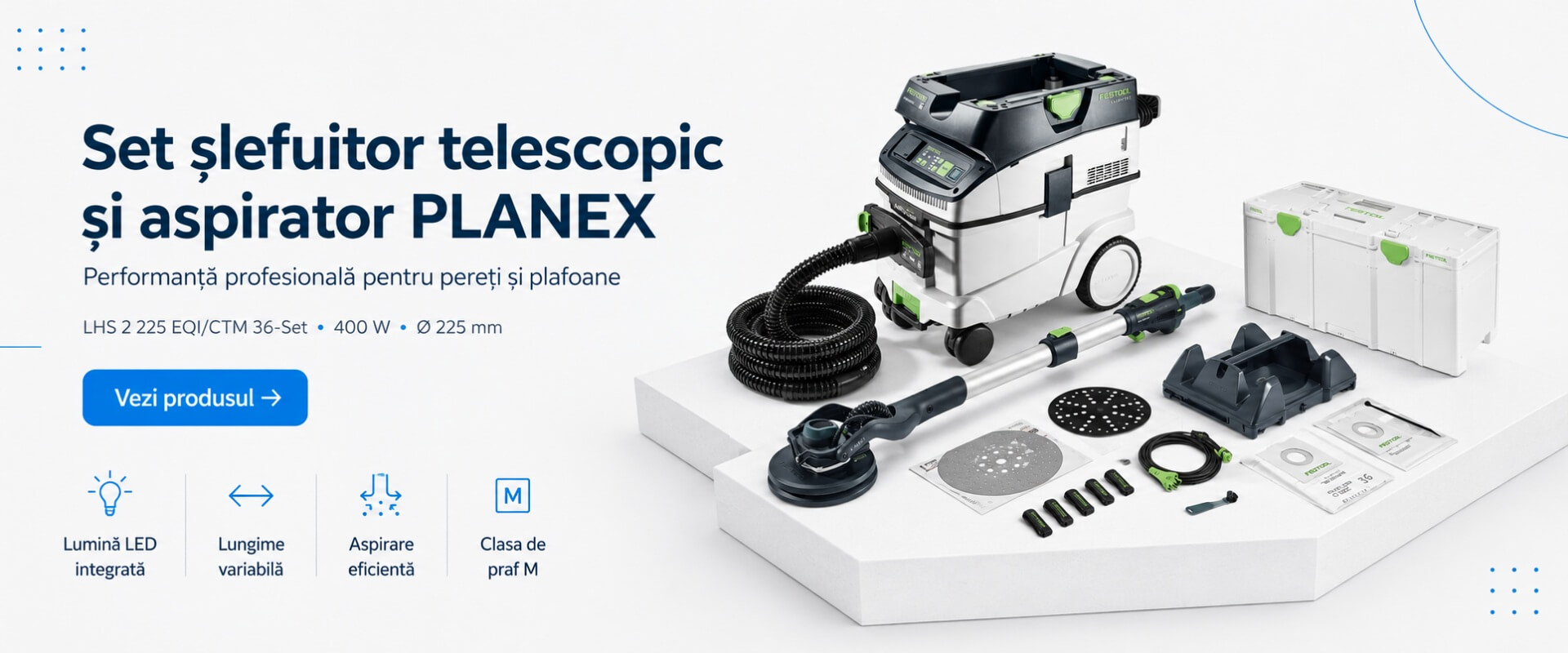 Set de slefuitor telescopic si aspirator LHS 2 225 EQI/CTM 36-Set PLANEX