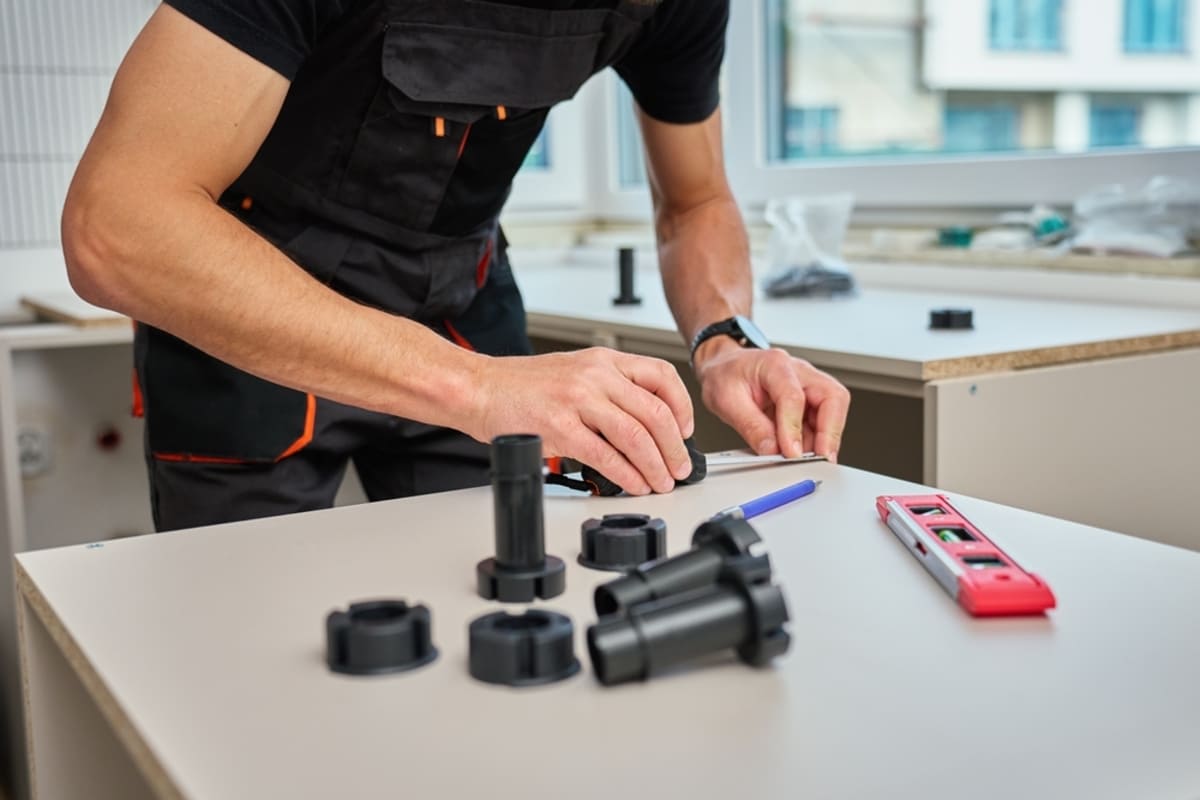 barbat care monteaza picioare de mobila in bucatarie