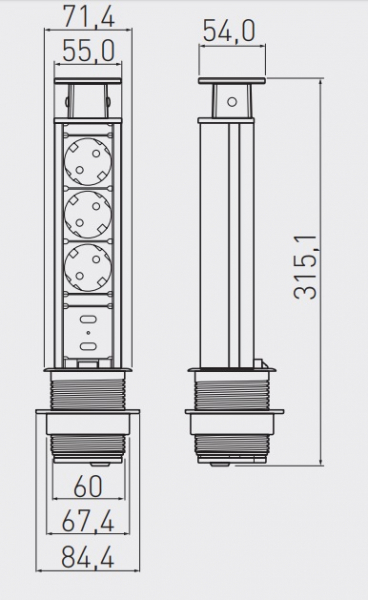 Priza incastrabila TURN 3xSchuko, 2xUSB, cablu 1.5 ml, 60 mm, gri [2]