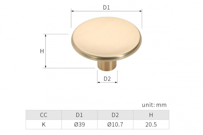 Buton mobila ROUND 39x20 mm, brushed gold [3]