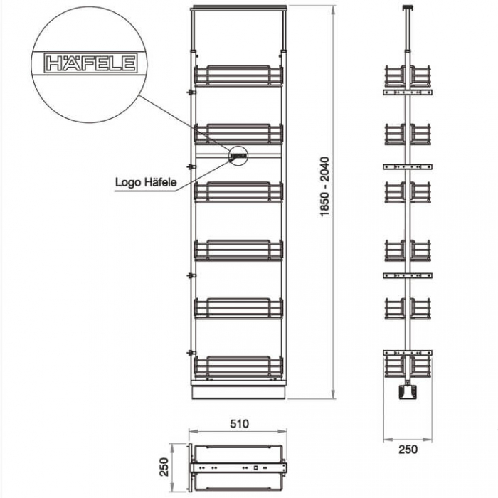 Coloana culisanta PREMIUM, 6 coșuri, amortizare, extragere totală, corp mobilier 300 mm, H 1850-2040 mm, 100 kg, alb crom [2]