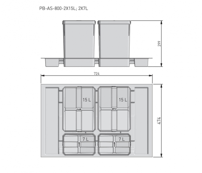 Cos gunoi AxisPro 800 mm, 2x15 litri, 2x7 litri, antibacterian, antracit [3]