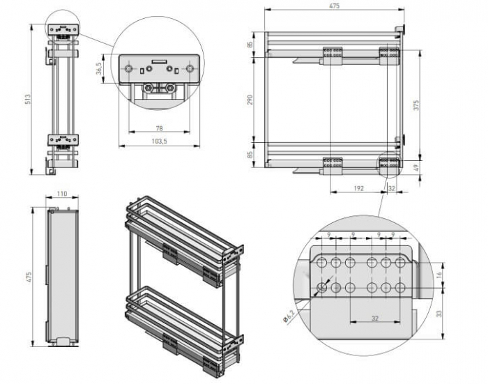 Cos Jolly MOVIXPRO cromat, corp mobilier de 150 mm, glisiera laterala cu extractie totala si amortizare, stanga [6]