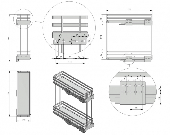 Cos Jolly MOVIXPRO cromat pentru corp mobilier de 200 mm, glisiera laterala cu amortizare [4]