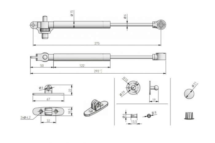 Piston (telescop) gaz ridicare, amortizare la inchidere, 80N, alb [2]