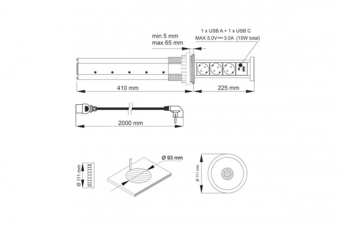 Priza Automatic Lift Box, 3xShuko, USB A + C, cablu 2 m, negru [6]