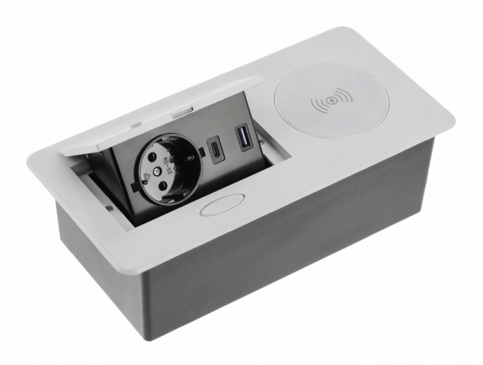 Priza incorporabila AVARO PLUS 1xSCHUKO, USB A+C, incarcare WIRELESS, cablu 1.5 ml, aluminiu [1]