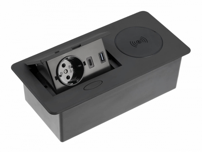 Priza incorporabila AVARO PLUS 1xSCHUKO, USB A+C, incarcare WIRELESS, cablu 1.5 ml, negru [1]