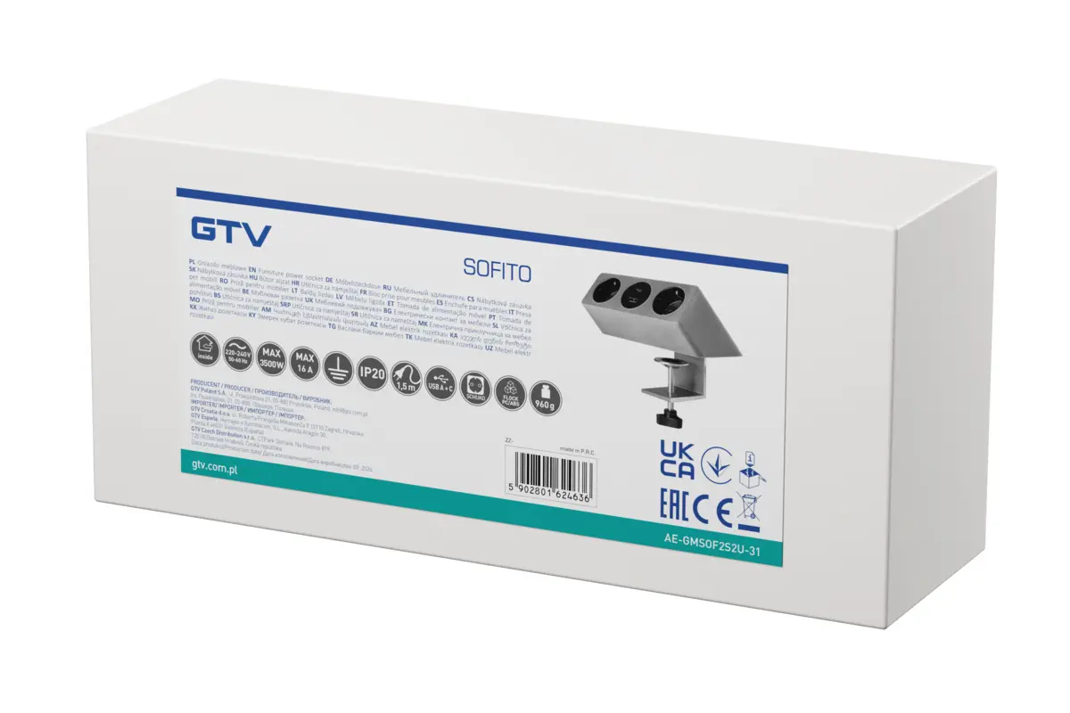 Priza birou SOFITO 2 x Shucko, USB A + C, cablu 1.5 m, gri [11]