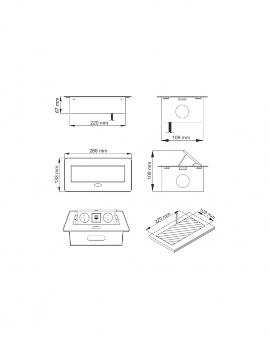 Priza incorporabila in blat Kombi Box 2xSchuko, 2xUSB A+C, cablu 3 m inclus, negru mat [3]