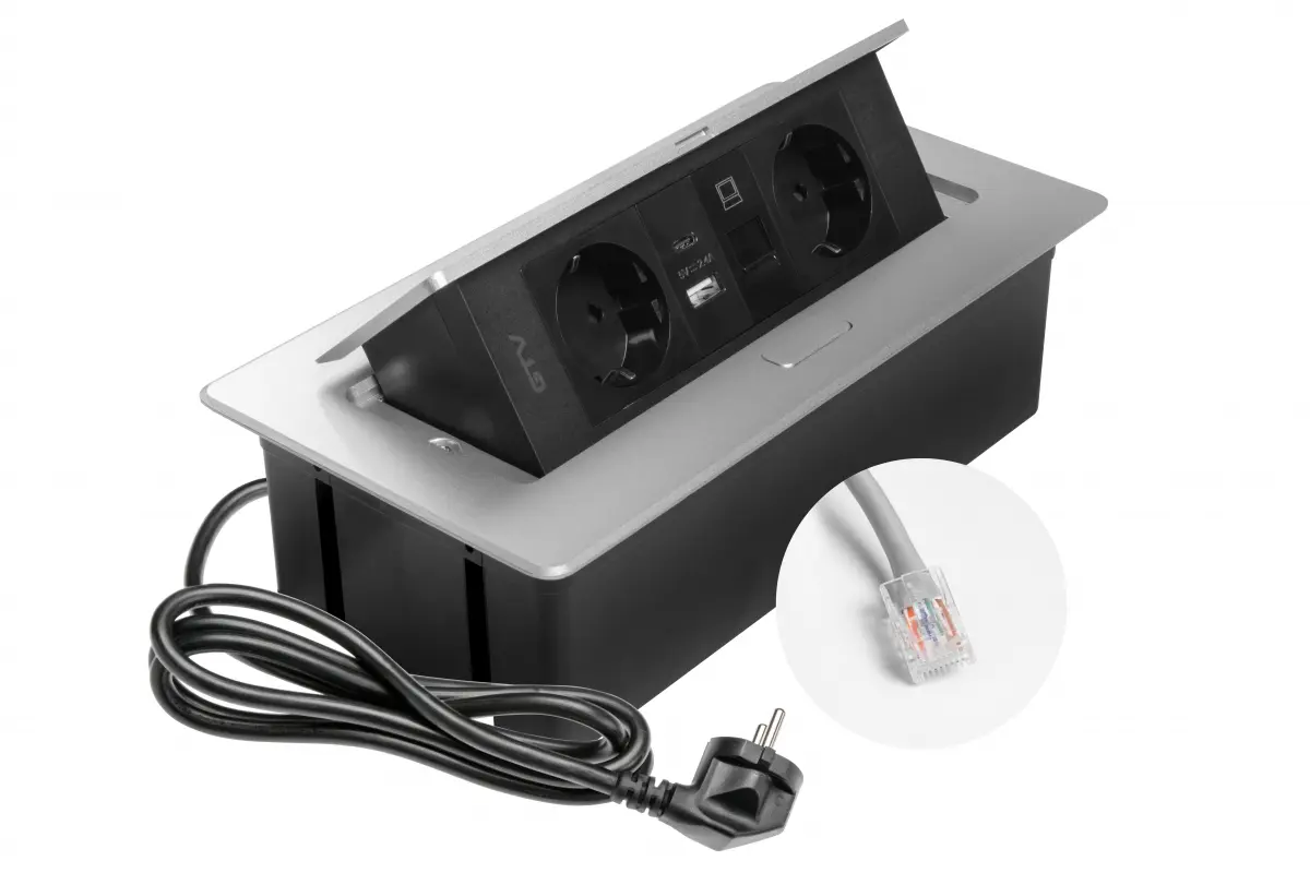 Priza incorporabila MULTISOFT 2 x Schuko, USB A + C, RJ45, cablu 1.5 m, gri [2]
