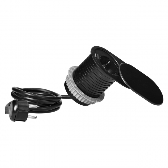 Priza SLIDE incorporabila Schuko, USB A, cablu 1.9 m, negru, 60 mm [2]