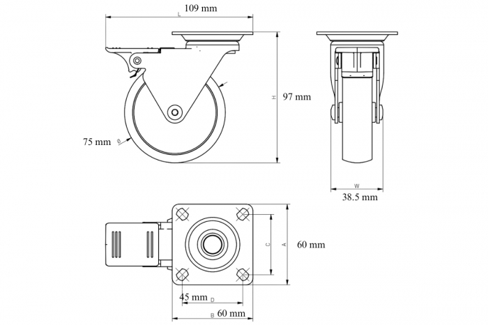 Rola cu frana CALIBRO Ø75 mm, neagra [5]