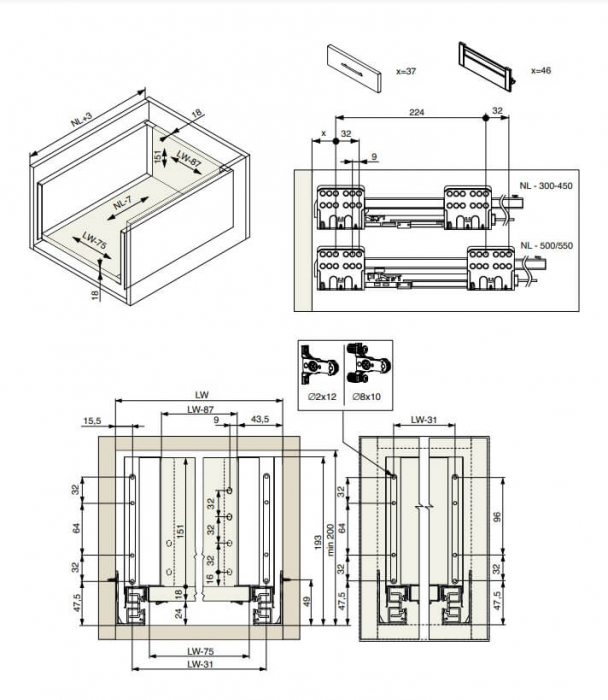 Sertar cu laterale metalice ND60, H84 mm, 450 mm, soft-close, pal 18 mm, 40 kg, antracit [2]