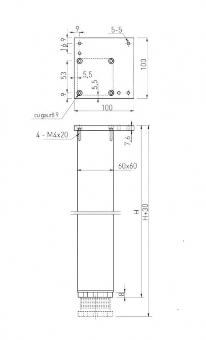 Set 4 picioare masa, aluminiu, H 710 mm, negru mat [2]