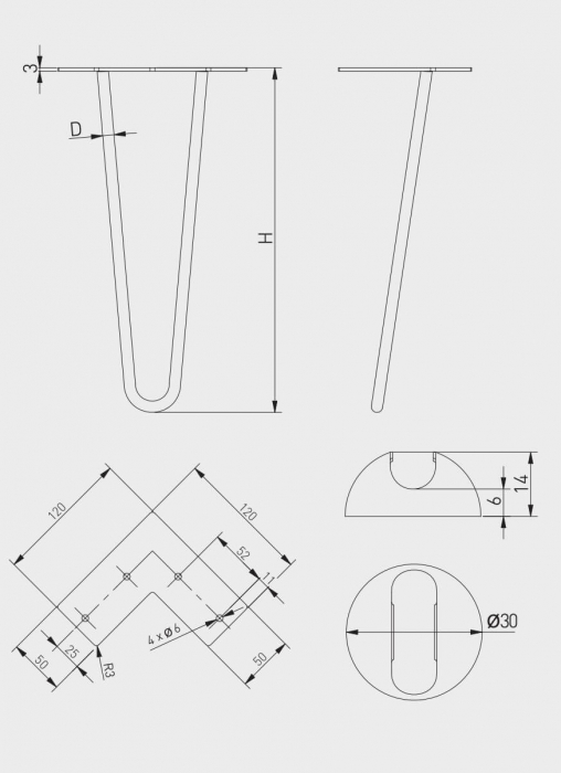 Set 4 picioare masa cafea ARTO 2R H406 mm, Ø12 mm, negru mat [4]