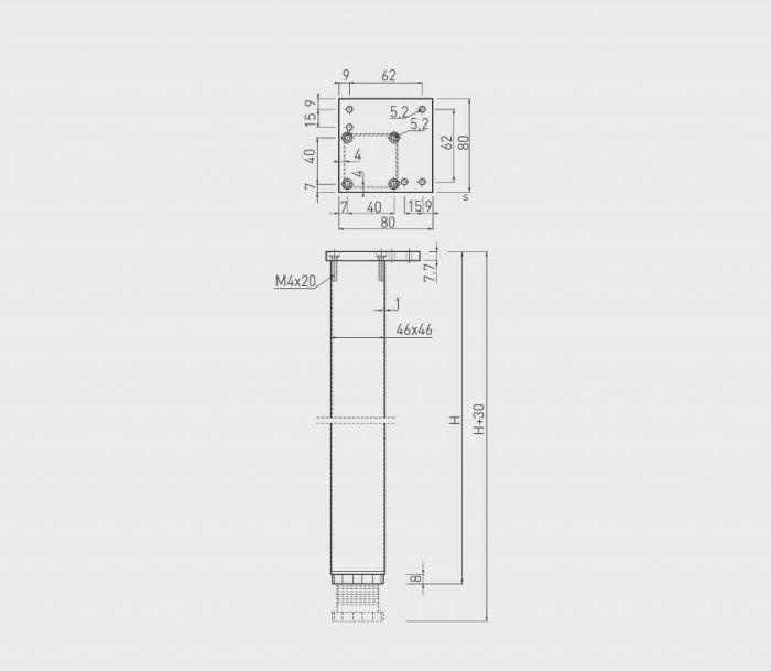 Set 4 picioare masa H710 mm, 46x46 mm, aluminiu [3]