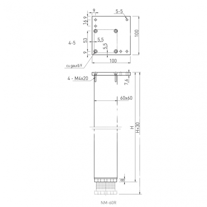Set 4 picioare masa NM-60R H710 mm, 60x60 mm, inox [3]