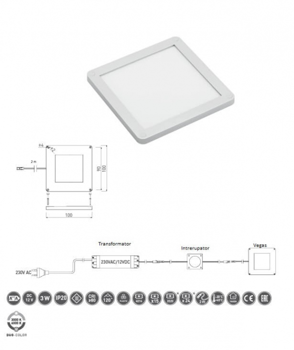 Spot LED Vegas Duo 3W, 100x100 mm, lumina calda si rece, cablu 2 ml inclus [3]