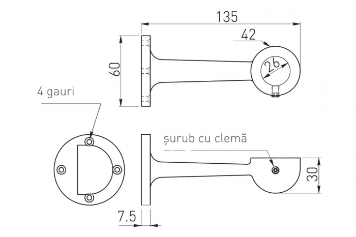 Suport lateral THB-12 bara haine Ø25 mm, crom [2]