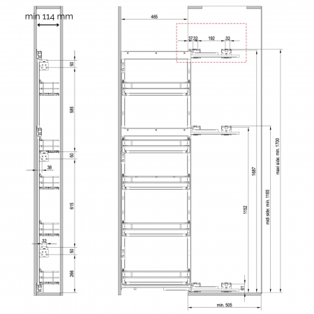 Coloana culisanta 150 mm MAXI PURO, 5 rafturi, 20 kg, soft-close, dreapta, lemn + negru [1]
