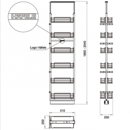 Coloana culisanta PREMIUM, 6 coșuri, amortizare, extragere totală, corp mobilier 300 mm, H 1850-2040 mm, 100 kg, alb crom [1]