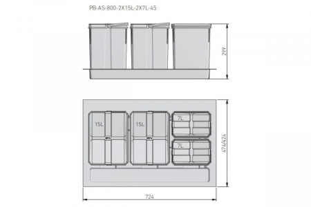 Szemetes AxiSpace 800 mm, 2x15 liter, 2x7 liter, műanyag, antracit [1]