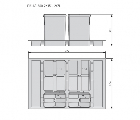 Cos gunoi AxisPro 800 mm, 2x15 litri, 2x7 litri, antibacterian, antracit [2]