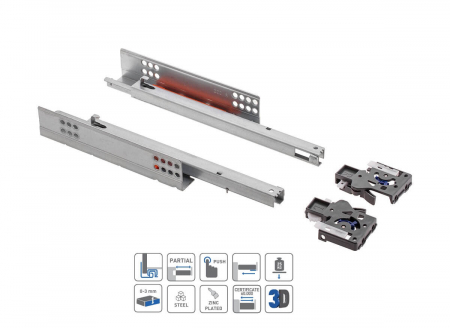 Glisiera tandem Push to Open, reglaj 3D, 25 kg, extragere partiala, pal 16 mm [1]
