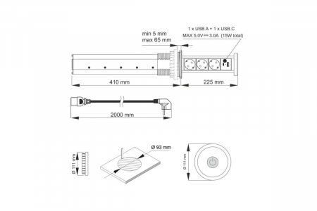 Priza Automatic Lift Box, 3xShuko, USB A + C, cablu 2 m, negru [5]