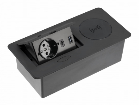 Priza incorporabila AVARO PLUS 1xSCHUKO, USB A+C, incarcare WIRELESS, cablu 1.5 ml, negru [0]