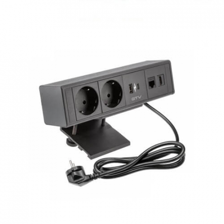 PRIZE INCORPORABILE IN BLAT - Priza birou BAR 2xSchuko, USB-A, USB-C, RJ45, HDMI, negru