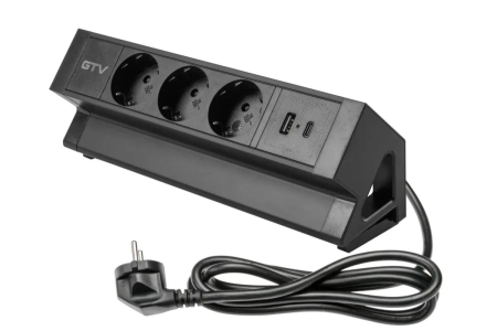 PRIZE INCORPORABILE IN BLAT - Priza birou BASCO 3 x Shucko, USB A + C, cablu 1.5 m, negru mat