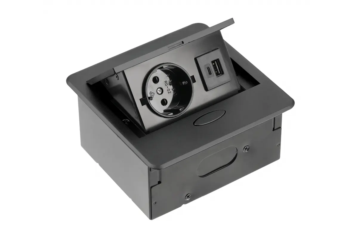 PRIZE INCORPORABILE IN BLAT - Priza incorporabila AVARO Schuko, USB A + C, cablu 1.5 m, negru