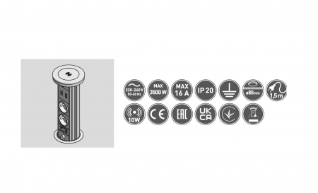 Priza incorporabila CAMINO 80 mm, 2xSHUKO, USB A+C, incarcare WIRELESS, cablu 1.5 ml, negru [7]