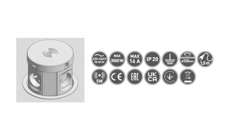 Priza incorporabila CONFORT PLUS 120 mm, 4xSCHUKO, 2xUSB, 2xRJ45, incarcare WIRELESS, cablu 1.5 ml, alb [5]