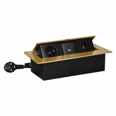 PRIZE INCORPORABILE IN BLAT - Priza incorporabila dreptunghiulara 2 x Schuko, USB A + C, 3.6 A, cablu 1.5 m, auriu