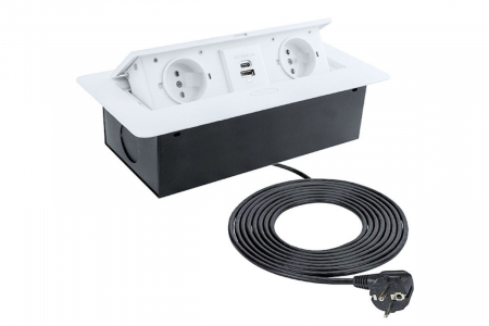 Priza incorporabila in blat Kombi Box 2xSchuko, 2xUSB A+C, cablu 3 m inclus, alb mat [0]