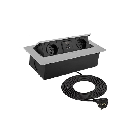 Priza incorporabila in blat Kombi Box 2xSchuko, 2xUSB A+C, cablu 3 m inclus, aluminiu [0]