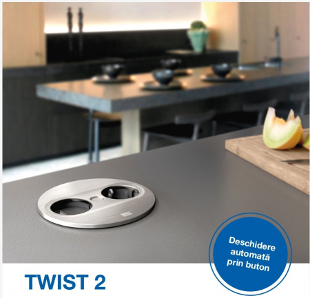 Priza incorporabila in blat rotunda TWIST 2, 2xSchuko, cablu 2 ml inclus, inox [3]