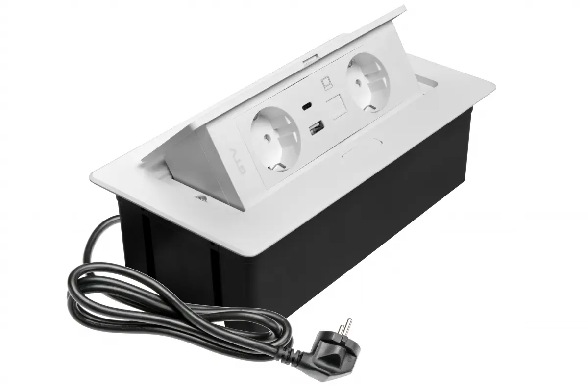 PRIZE INCORPORABILE IN BLAT - Priza incorporabila MULTISOFT 2 x Schuko, USB A + C, RJ45, cablu 1.5 m, alb mat