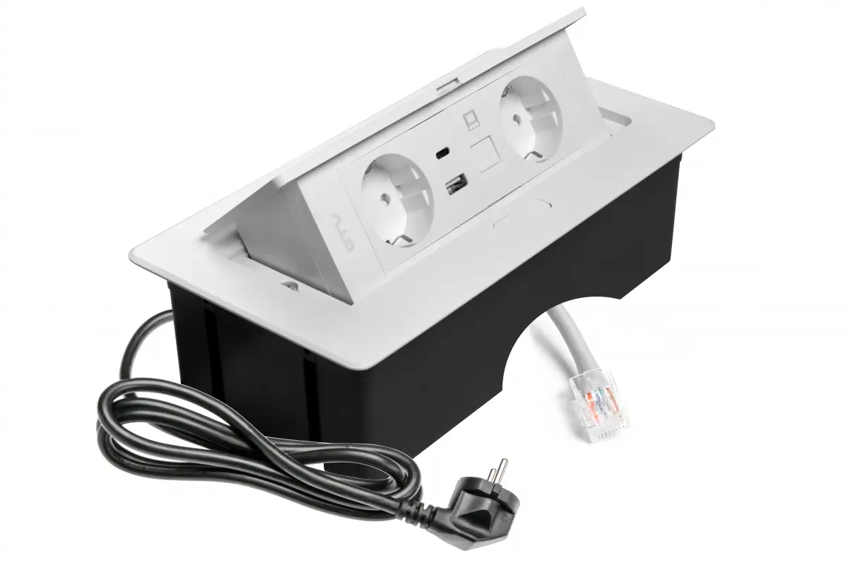 Priza incorporabila MULTISOFT 2 x Schuko, USB A + C, RJ45, cablu 1.5 m, alb mat [1]